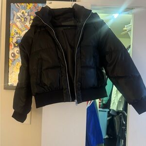 Black Faux Leather Cropped Puffer Jacket with Zipper